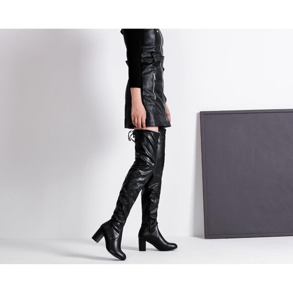 Women's Black Pu Suede Inner Zipper Thigh High Over The Knee High Heel Boots - Picture 7 of 8